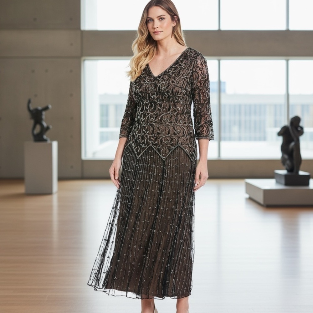 PISARRO NIGHTS 3/4 SLEEVE BEADED ART DECO MESH MIDI LENGTH COCKTAIL DRESS GOWN